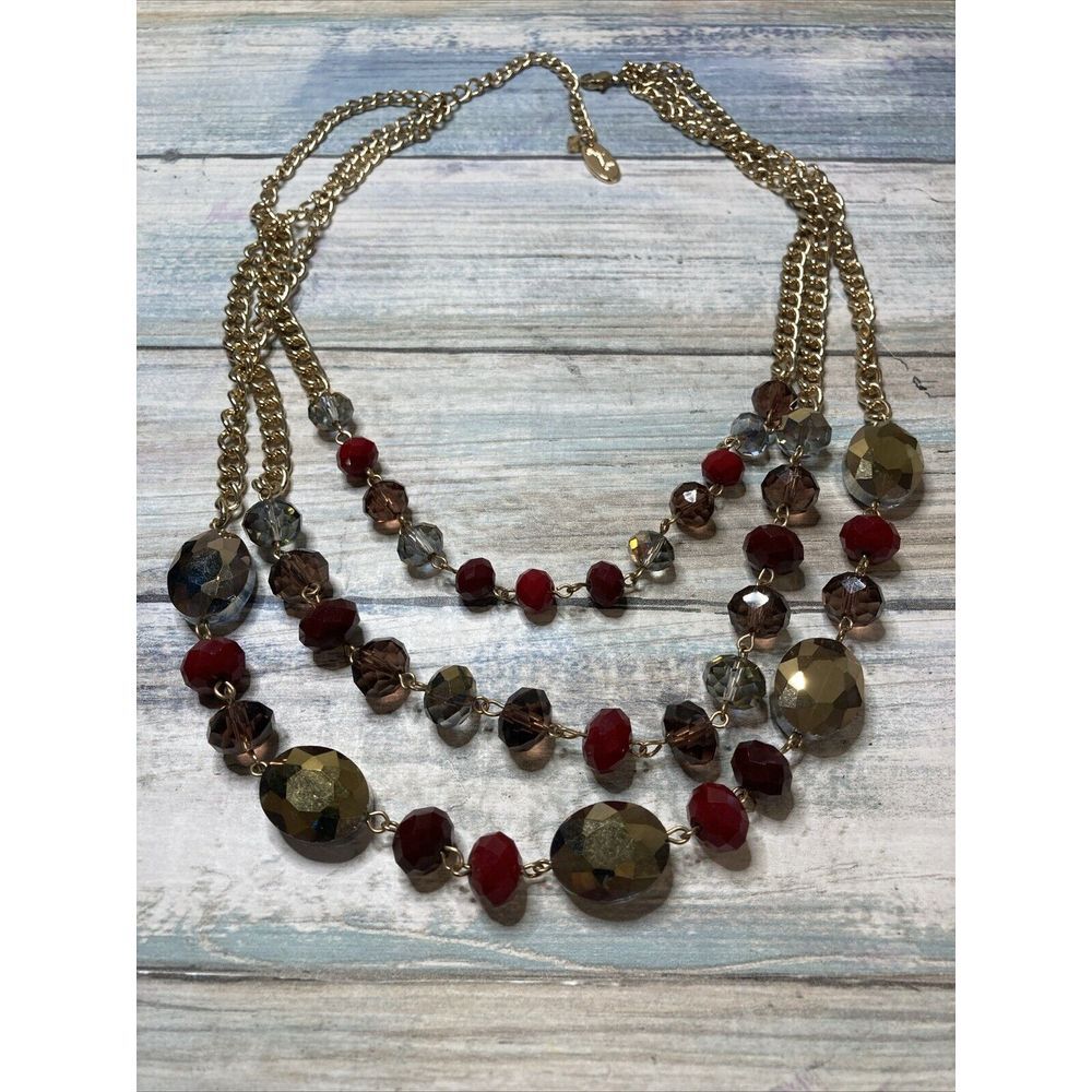 Jules Multi-layer Red Ab Crystal Beads Gold Tone Chain Necklace 22" NWOT